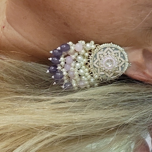 🔥LAST PAIR🔥 Bead Embellished Medallion Drop Statement  Earrings - Picture 11 of 11